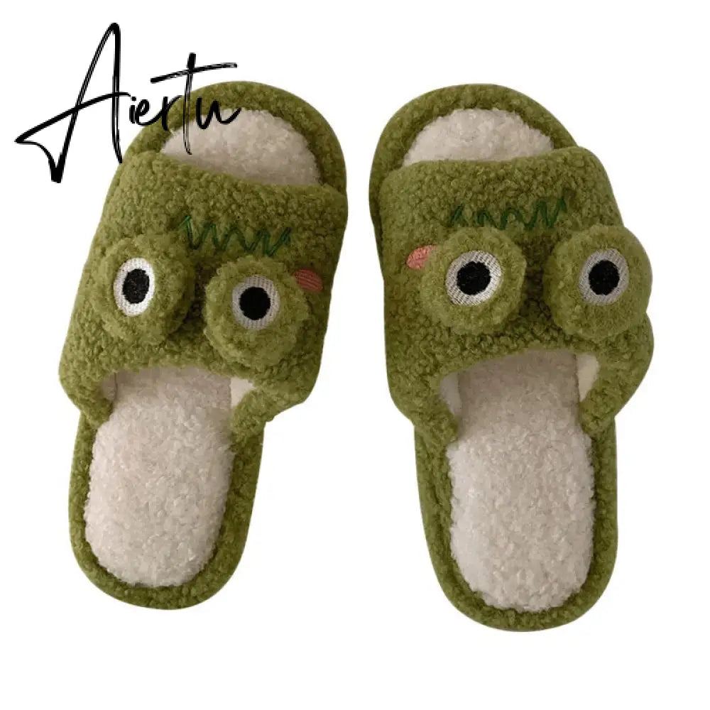 Aiertu Cartoon Funny Frog Fall Home Slippers Green Fluffy Warm Plush Slippers for Women Cute Kawaii Fluzzy Slippers for Girls Aiertu