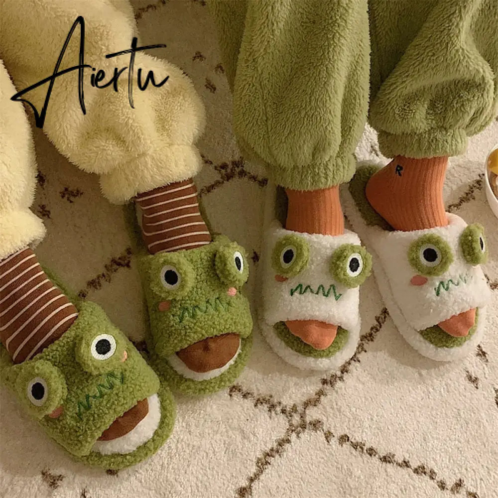 Aiertu Cartoon Funny Frog Fall Home Slippers Green Fluffy Warm Plush Slippers for Women Cute Kawaii Fluzzy Slippers for Girls Aiertu