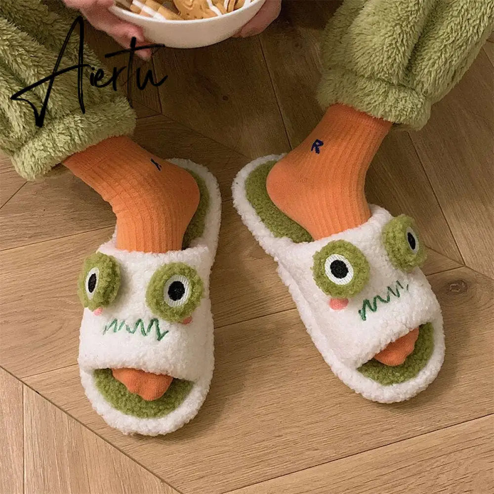 Aiertu Cartoon Funny Frog Fall Home Slippers Green Fluffy Warm Plush Slippers for Women Cute Kawaii Fluzzy Slippers for Girls Aiertu