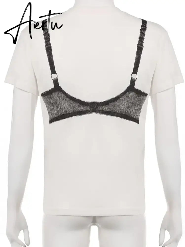 Aiertu Casual Basic Lace Bra Printed T Shirt Sexy Loose O-Neck Short Sleeve Tees Women 2023 Summer Fashion Streetwear Ladies Aiertu