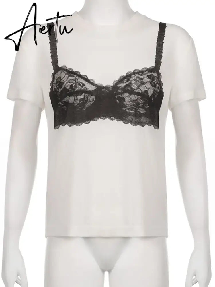 Aiertu Casual Basic Lace Bra Printed T Shirt Sexy Loose O-Neck Short Sleeve Tees Women 2023 Summer Fashion Streetwear Ladies Aiertu