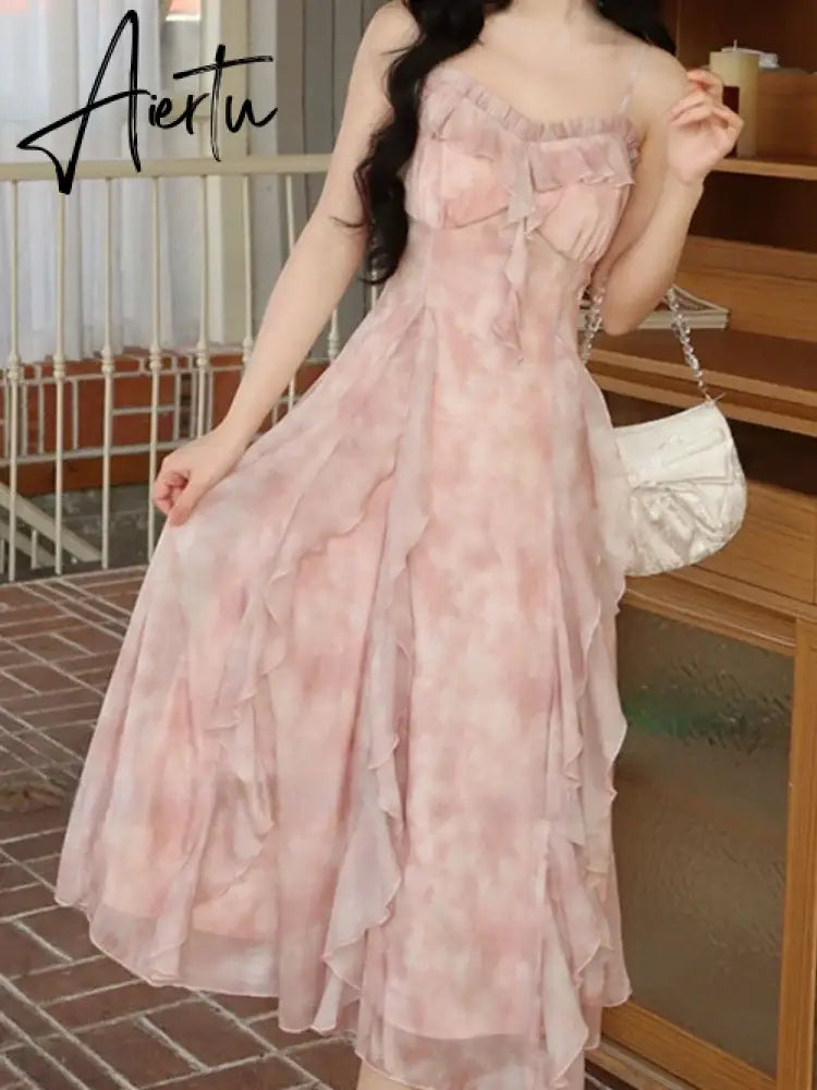 Aiertu Casual Fairy Floral Strap Dress Women Chiffon Elegant Evening Party Midi Dress Ruffle Sweet Korean Dress Women Sweet Summer Aiertu