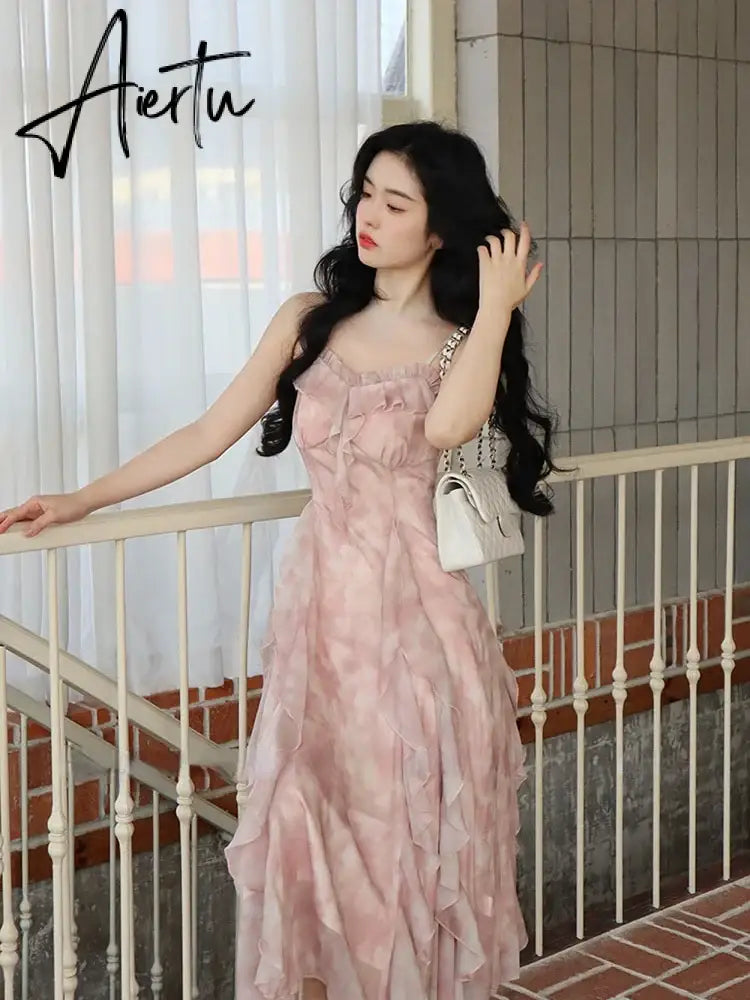 Aiertu Casual Fairy Floral Strap Dress Women Chiffon Elegant Evening Party Midi Dress Ruffle Sweet Korean Dress Women Sweet Summer Aiertu