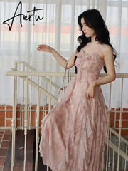 Aiertu Casual Fairy Floral Strap Dress Women Chiffon Elegant Evening Party Midi Dress Ruffle Sweet Korean Dress Women Sweet Summer Aiertu