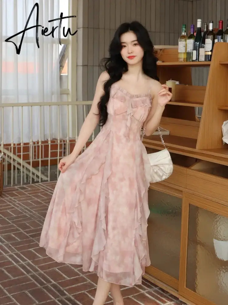 Aiertu Casual Fairy Floral Strap Dress Women Chiffon Elegant Evening Party Midi Dress Ruffle Sweet Korean Dress Women Sweet Summer Aiertu