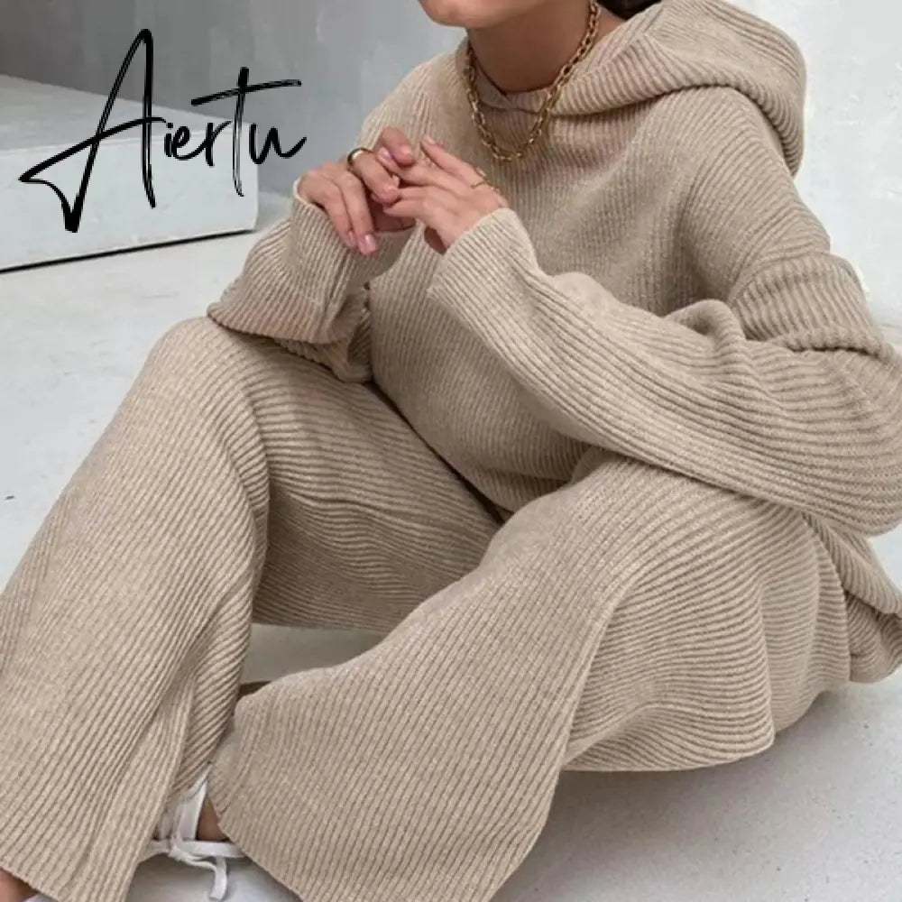 Aiertu  Casual Knit Hoodied With Pocket Two Piece Sets Women Solid Long Sleeve Top Wide Leg Pant Outfit Streetwear Tracksuit New Aiertu