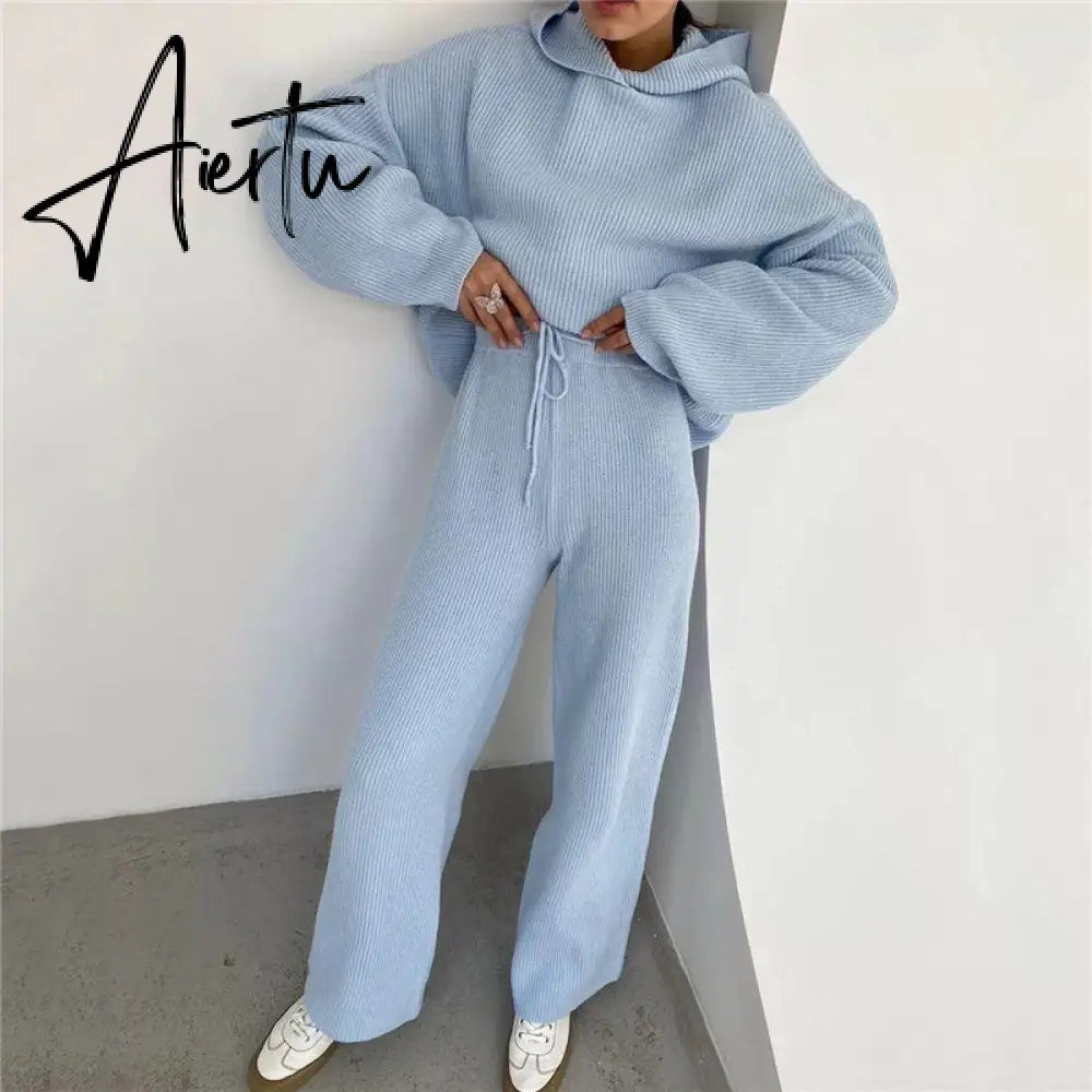 Aiertu  Casual Knit Hoodied With Pocket Two Piece Sets Women Solid Long Sleeve Top Wide Leg Pant Outfit Streetwear Tracksuit New Aiertu