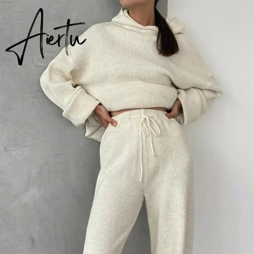Aiertu  Casual Knit Hoodied With Pocket Two Piece Sets Women Solid Long Sleeve Top Wide Leg Pant Outfit Streetwear Tracksuit New Aiertu