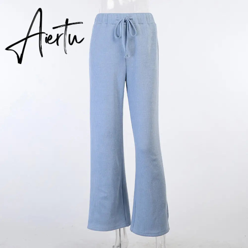 Aiertu  Casual Knit Hoodied With Pocket Two Piece Sets Women Solid Long Sleeve Top Wide Leg Pant Outfit Streetwear Tracksuit New Aiertu