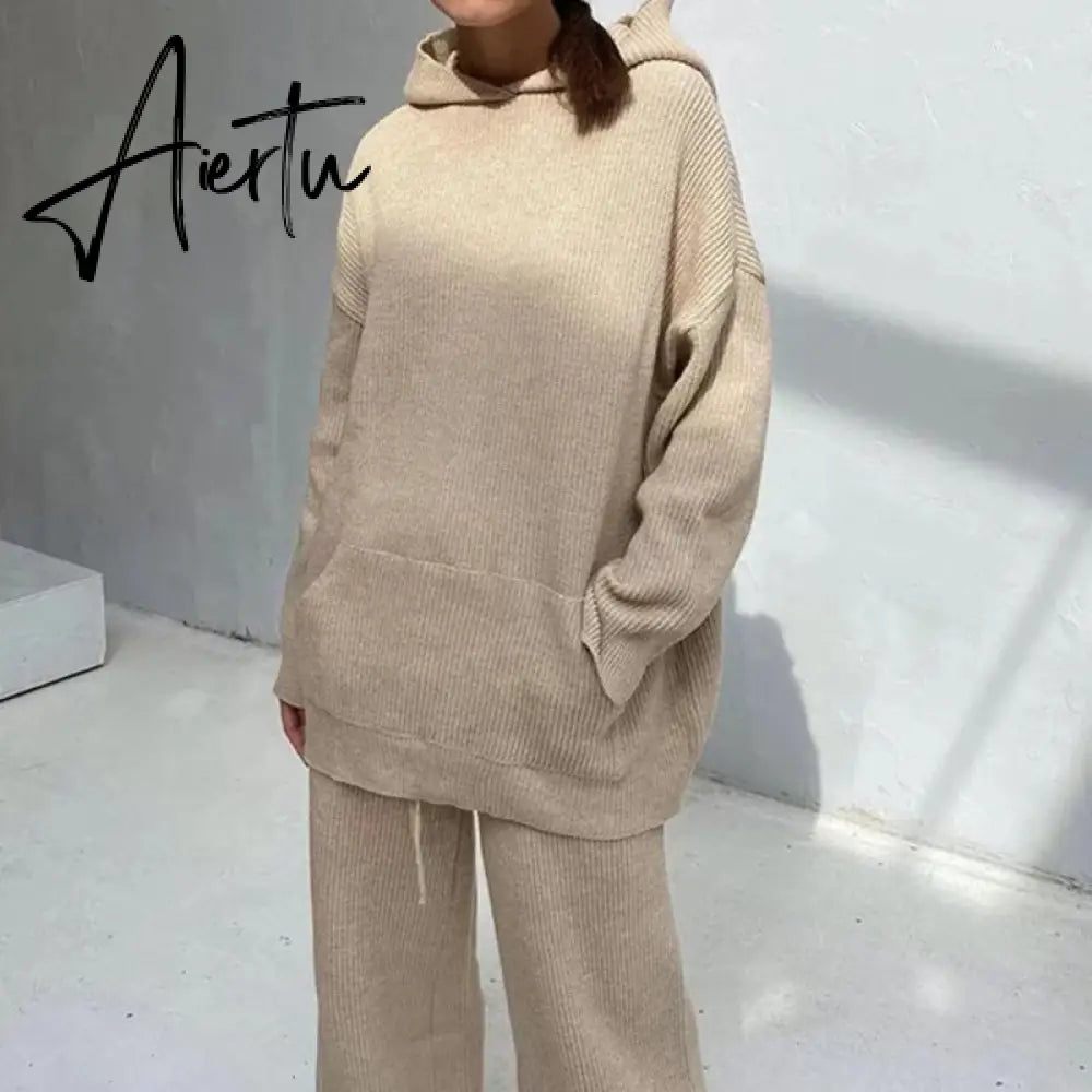 Aiertu  Casual Knit Hoodied With Pocket Two Piece Sets Women Solid Long Sleeve Top Wide Leg Pant Outfit Streetwear Tracksuit New Aiertu