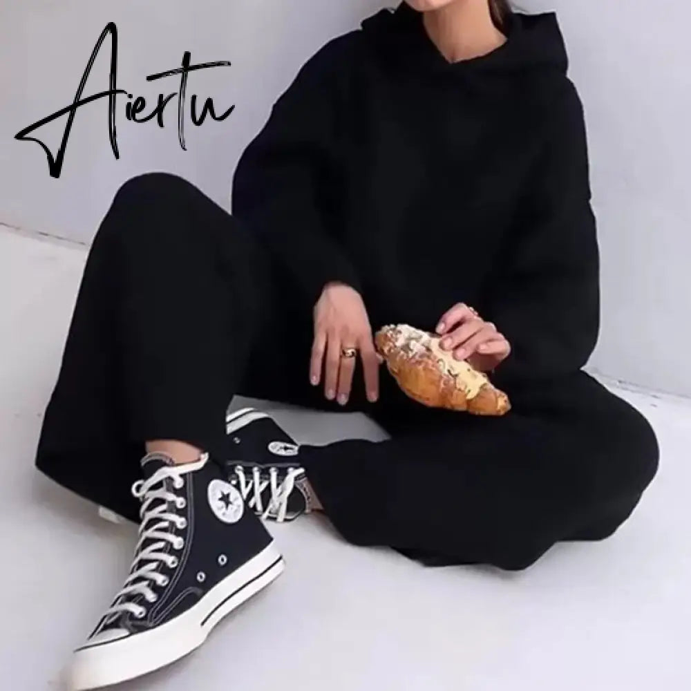 Aiertu  Casual Knit Hoodied With Pocket Two Piece Sets Women Solid Long Sleeve Top Wide Leg Pant Outfit Streetwear Tracksuit New Aiertu