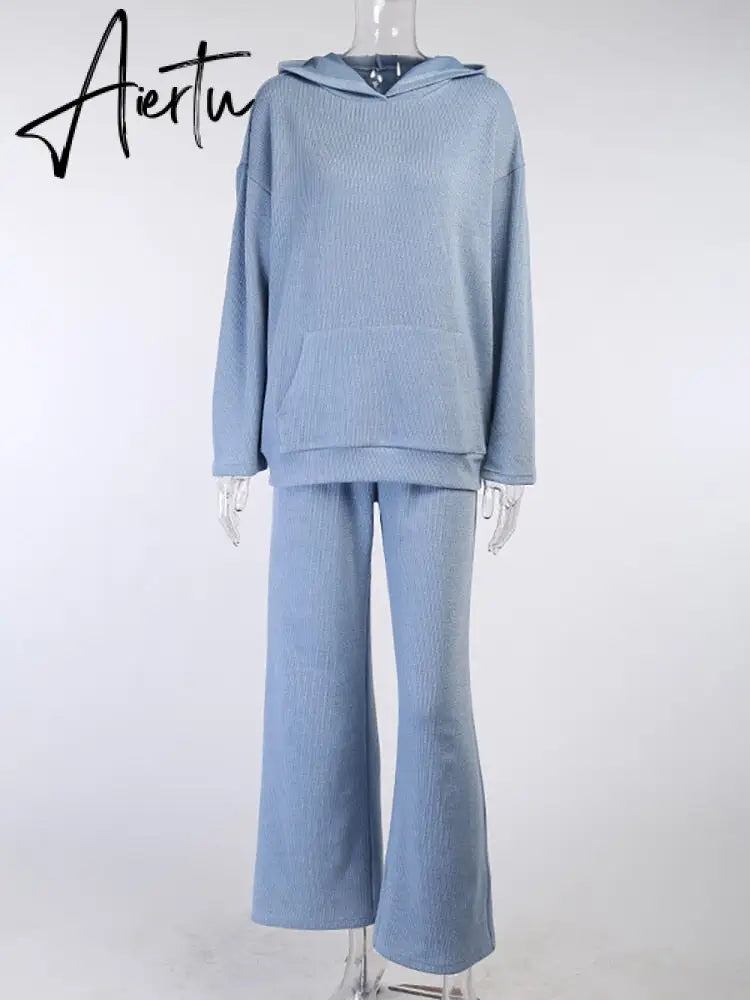 Aiertu  Casual Knit Hoodied With Pocket Two Piece Sets Women Solid Long Sleeve Top Wide Leg Pant Outfit Streetwear Tracksuit New Aiertu