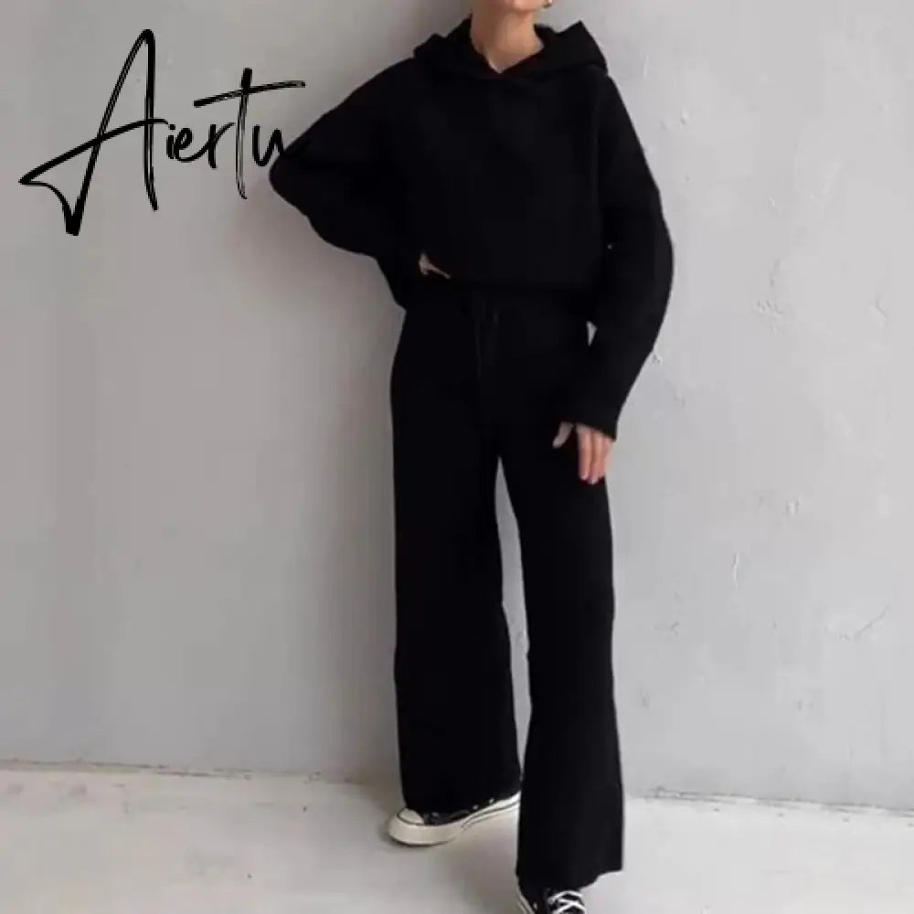 Aiertu  Casual Knit Hoodied With Pocket Two Piece Sets Women Solid Long Sleeve Top Wide Leg Pant Outfit Streetwear Tracksuit New Aiertu