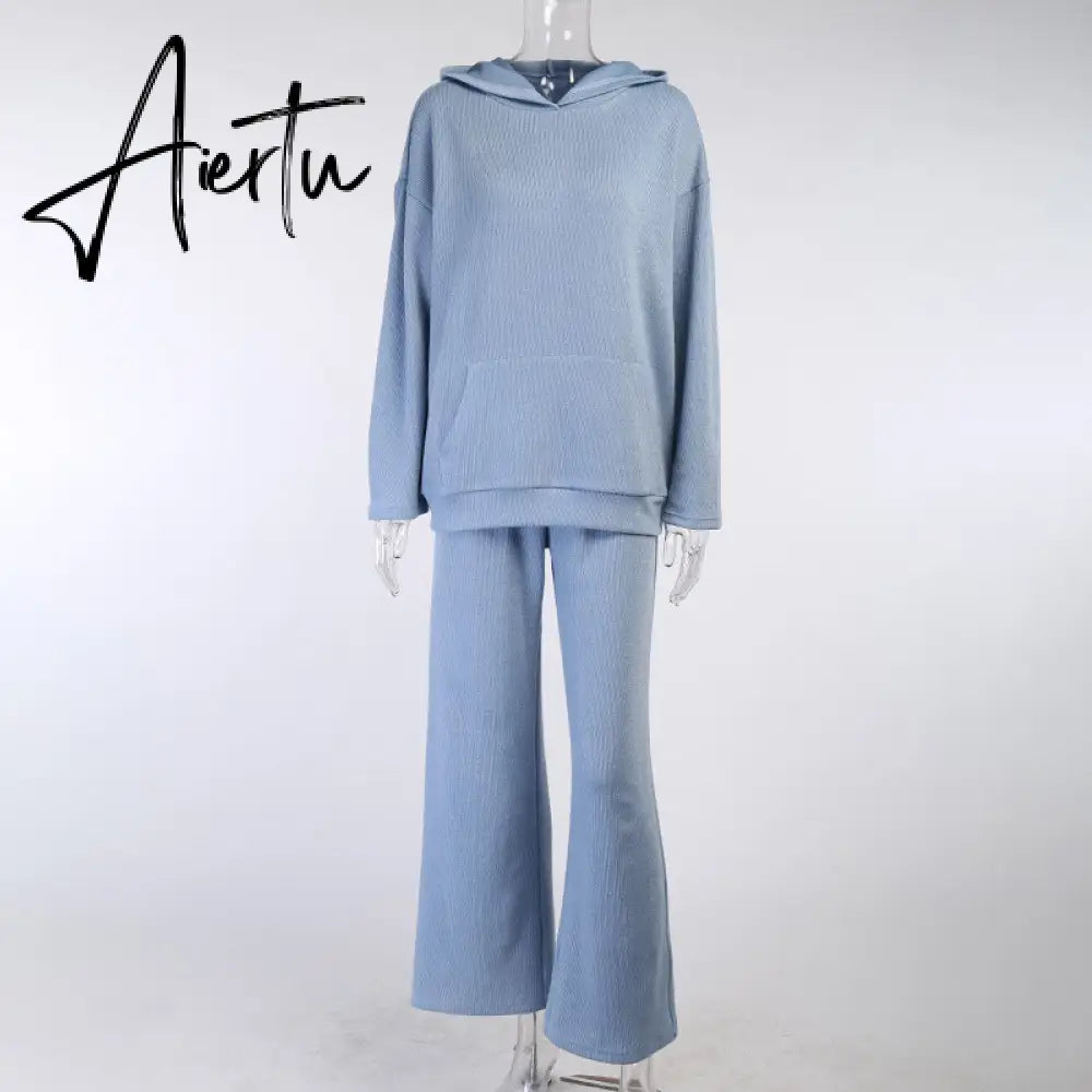 Aiertu  Casual Knit Hoodied With Pocket Two Piece Sets Women Solid Long Sleeve Top Wide Leg Pant Outfit Streetwear Tracksuit New Aiertu