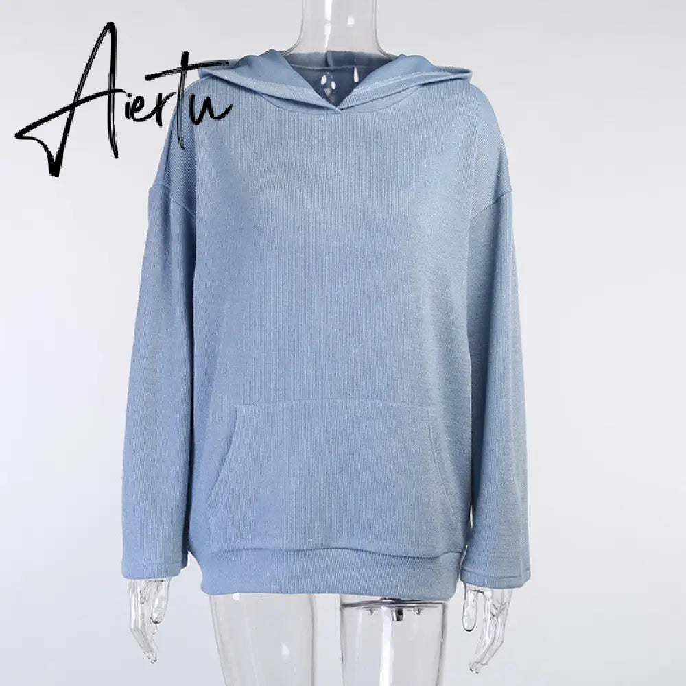 Aiertu  Casual Knit Hoodied With Pocket Two Piece Sets Women Solid Long Sleeve Top Wide Leg Pant Outfit Streetwear Tracksuit New Aiertu