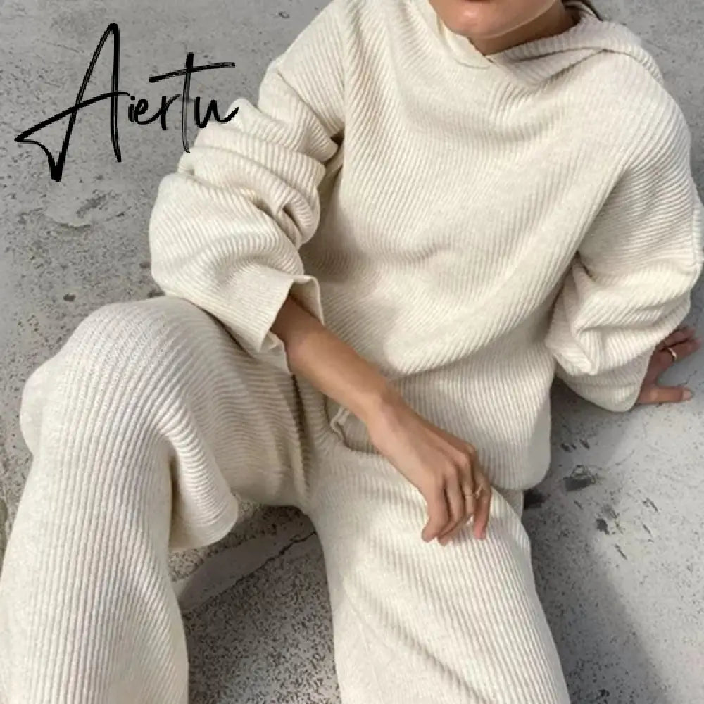 Aiertu  Casual Knit Hoodied With Pocket Two Piece Sets Women Solid Long Sleeve Top Wide Leg Pant Outfit Streetwear Tracksuit New Aiertu