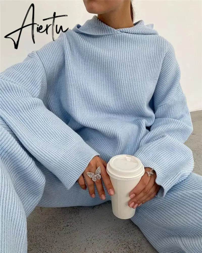 Aiertu  Casual Knit Hoodied With Pocket Two Piece Sets Women Solid Long Sleeve Top Wide Leg Pant Outfit Streetwear Tracksuit New Aiertu