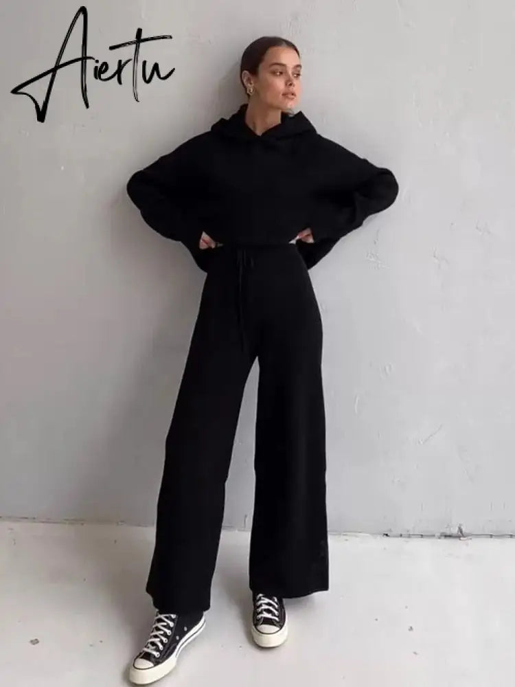Aiertu  Casual Knit Hoodied With Pocket Two Piece Sets Women Solid Long Sleeve Top Wide Leg Pant Outfit Streetwear Tracksuit New Aiertu