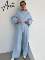 Aiertu  Casual Knit Hoodied With Pocket Two Piece Sets Women Solid Long Sleeve Top Wide Leg Pant Outfit Streetwear Tracksuit New Aiertu