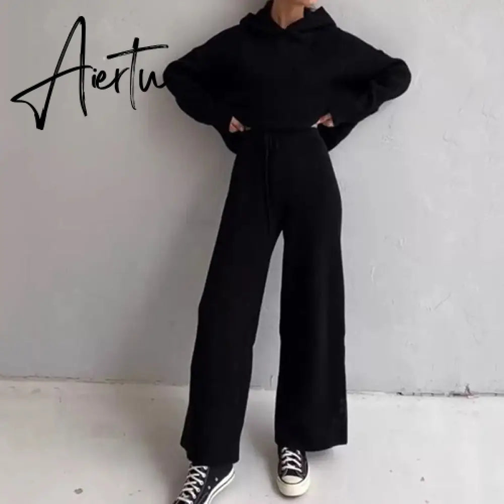 Aiertu  Casual Knit Hoodied With Pocket Two Piece Sets Women Solid Long Sleeve Top Wide Leg Pant Outfit Streetwear Tracksuit New Aiertu