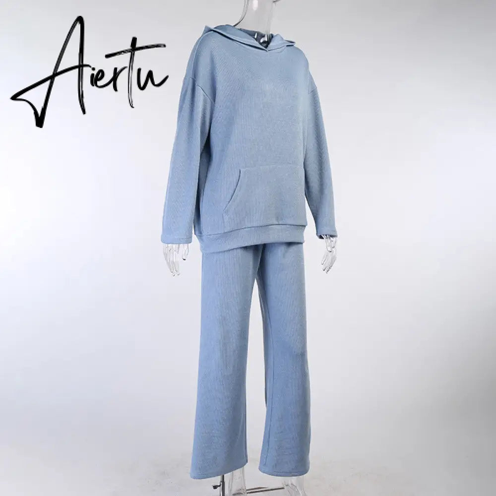 Aiertu  Casual Knit Hoodied With Pocket Two Piece Sets Women Solid Long Sleeve Top Wide Leg Pant Outfit Streetwear Tracksuit New Aiertu
