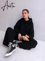 Aiertu  Casual Knit Hoodied With Pocket Two Piece Sets Women Solid Long Sleeve Top Wide Leg Pant Outfit Streetwear Tracksuit New Aiertu