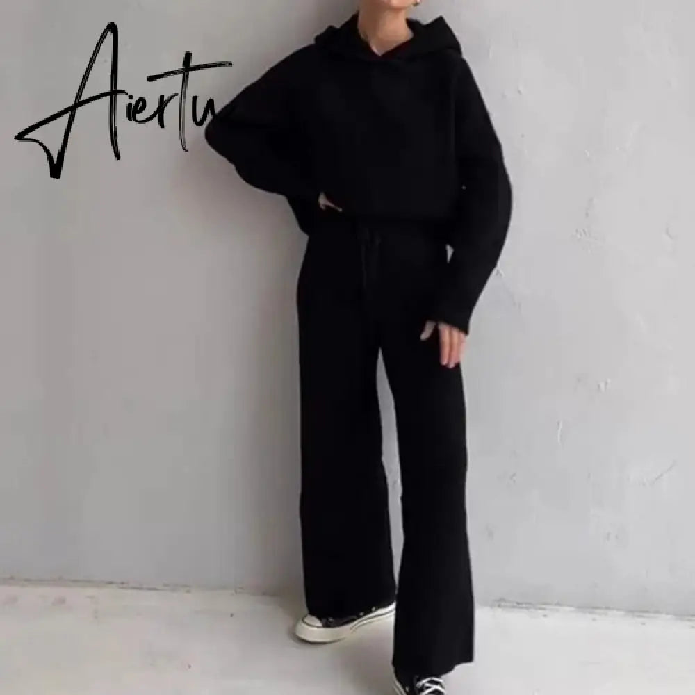 Aiertu  Casual Knit Hoodied With Pocket Two Piece Sets Women Solid Long Sleeve Top Wide Leg Pant Outfit Streetwear Tracksuit New Aiertu