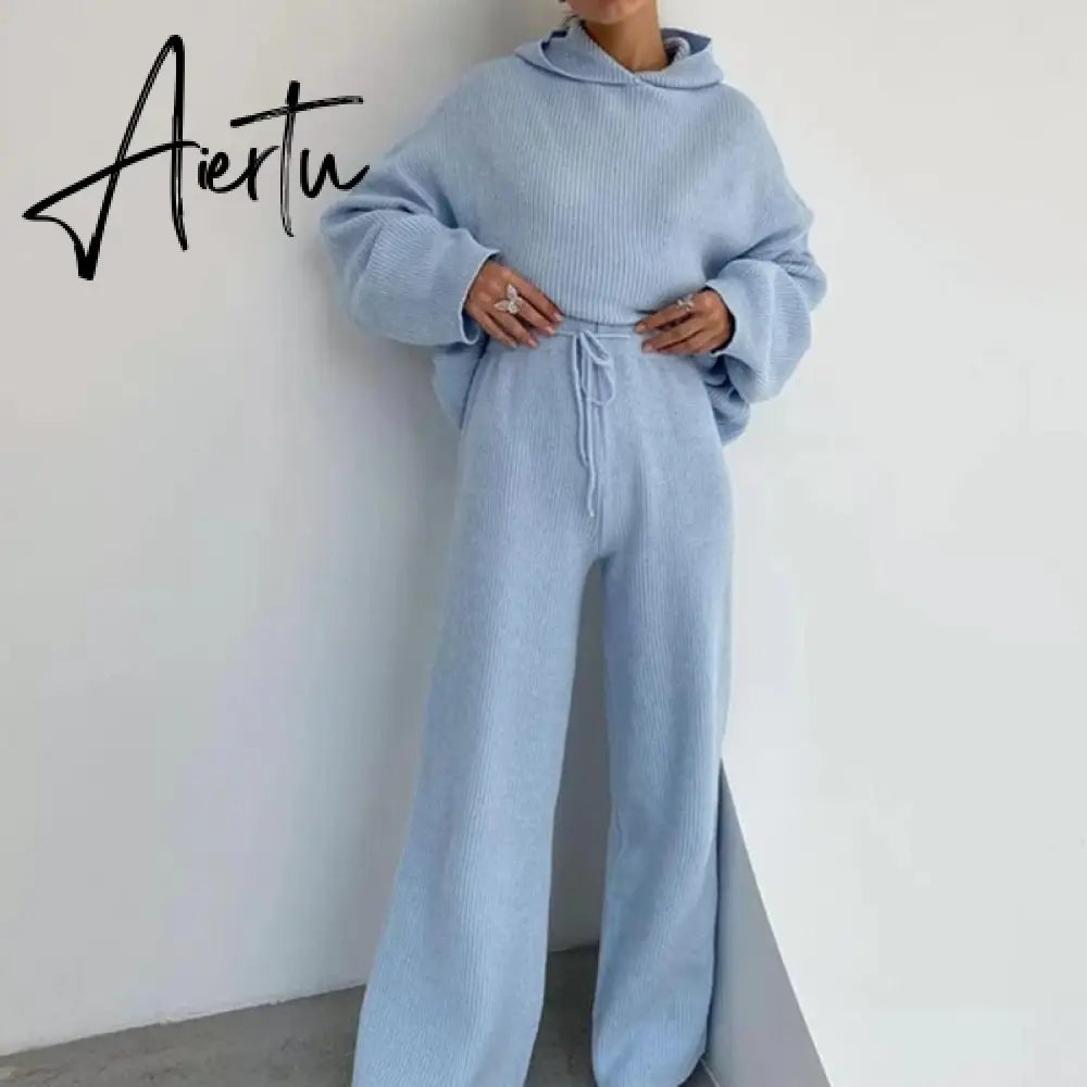 Aiertu  Casual Knit Hoodied With Pocket Two Piece Sets Women Solid Long Sleeve Top Wide Leg Pant Outfit Streetwear Tracksuit New Aiertu