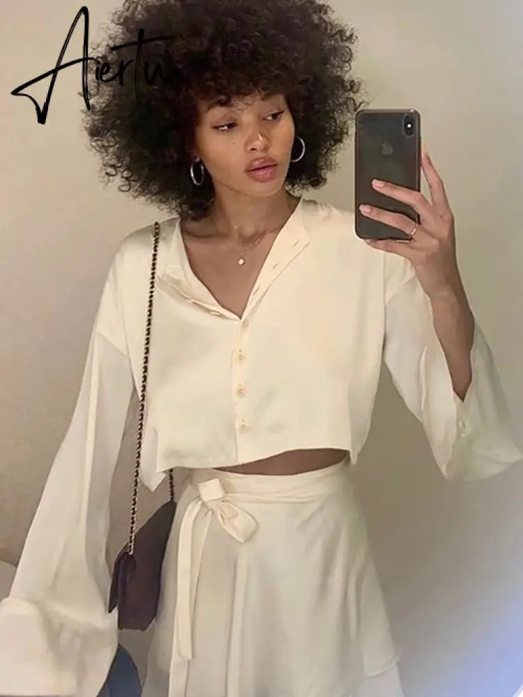 Aiertu  Casual Satin Two Piece Dress Set For Women White O-neck Button Top Bandage Mini Pencil Skirts Outfits Fashion Party Suit Aiertu