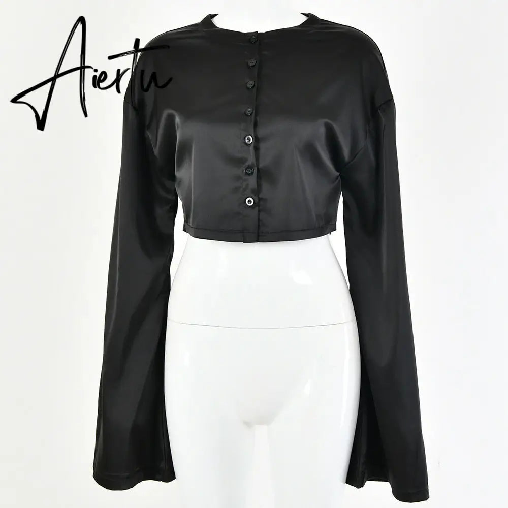 Aiertu  Casual Satin Two Piece Dress Set For Women White O-neck Button Top Bandage Mini Pencil Skirts Outfits Fashion Party Suit Aiertu