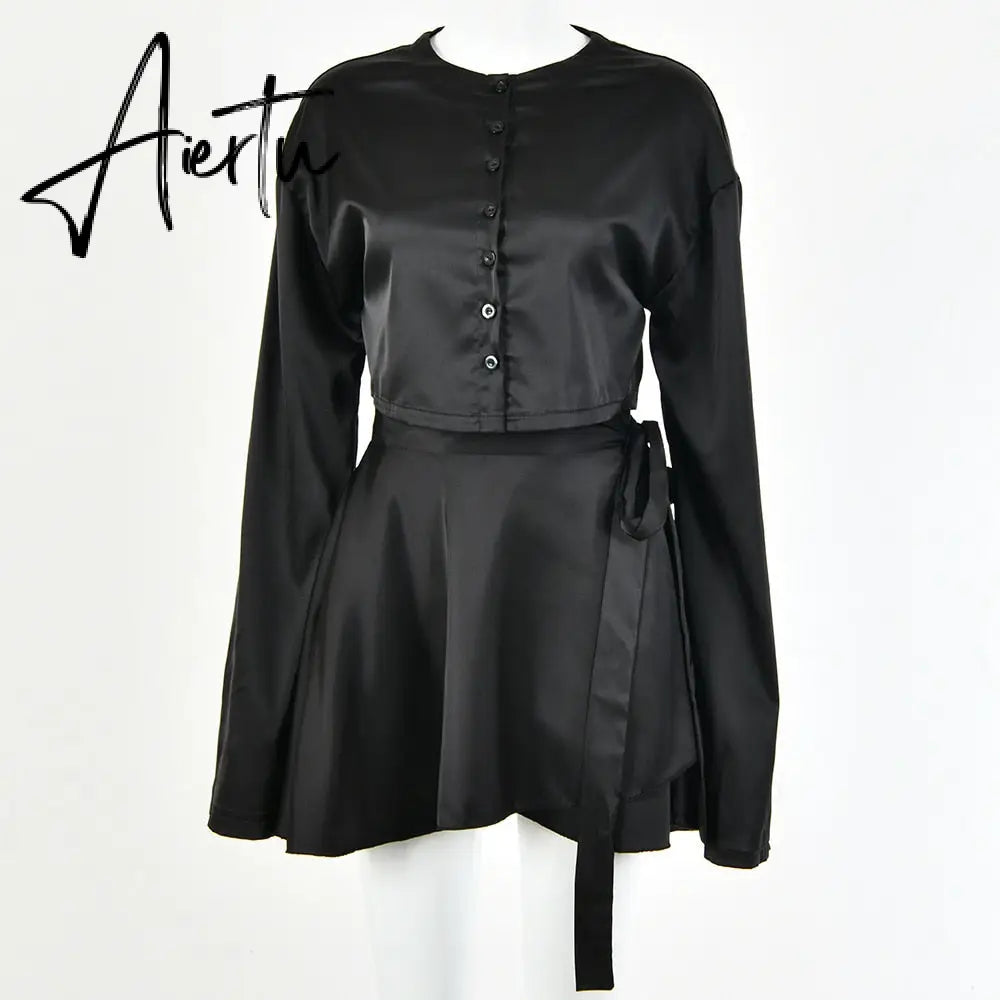 Aiertu  Casual Satin Two Piece Dress Set For Women White O-neck Button Top Bandage Mini Pencil Skirts Outfits Fashion Party Suit Aiertu