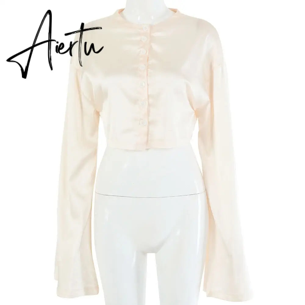Aiertu  Casual Satin Two Piece Dress Set For Women White O-neck Button Top Bandage Mini Pencil Skirts Outfits Fashion Party Suit Aiertu