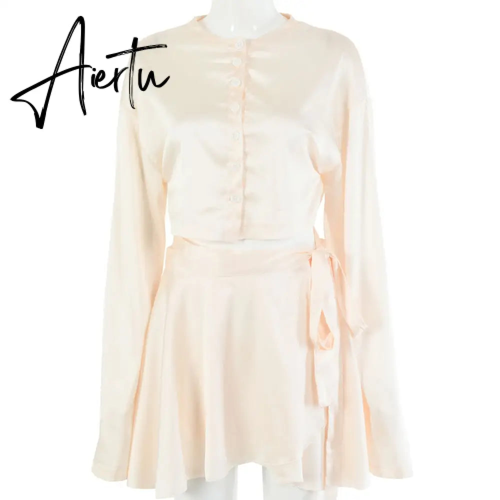 Aiertu  Casual Satin Two Piece Dress Set For Women White O-neck Button Top Bandage Mini Pencil Skirts Outfits Fashion Party Suit Aiertu