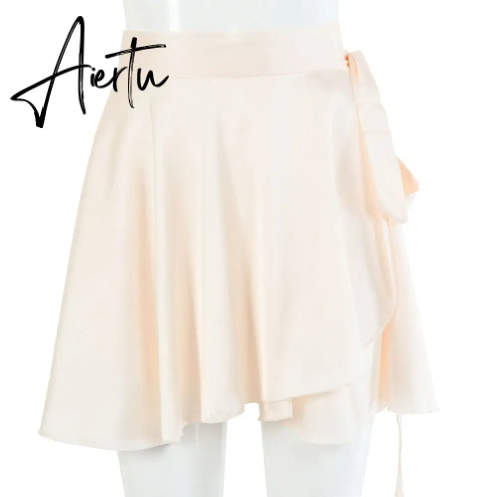 Aiertu  Casual Satin Two Piece Dress Set For Women White O-neck Button Top Bandage Mini Pencil Skirts Outfits Fashion Party Suit Aiertu