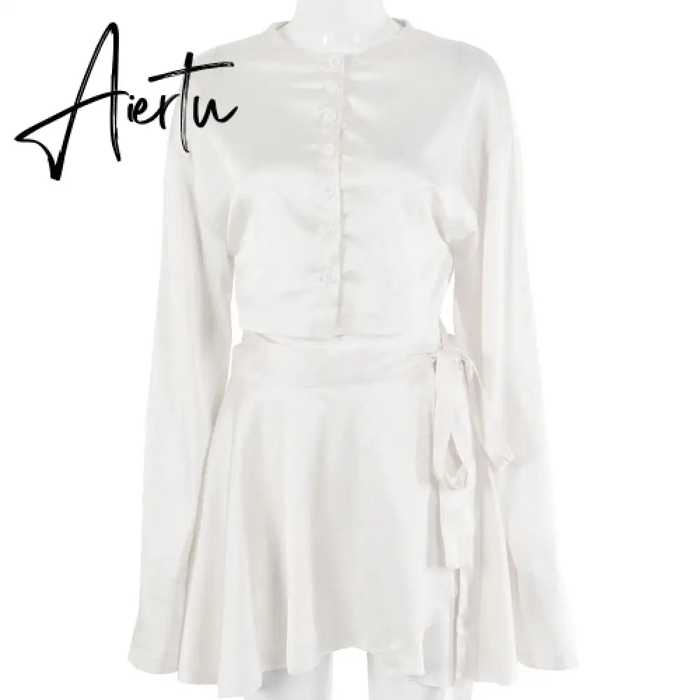 Aiertu  Casual Satin Two Piece Dress Set For Women White O-neck Button Top Bandage Mini Pencil Skirts Outfits Fashion Party Suit Aiertu