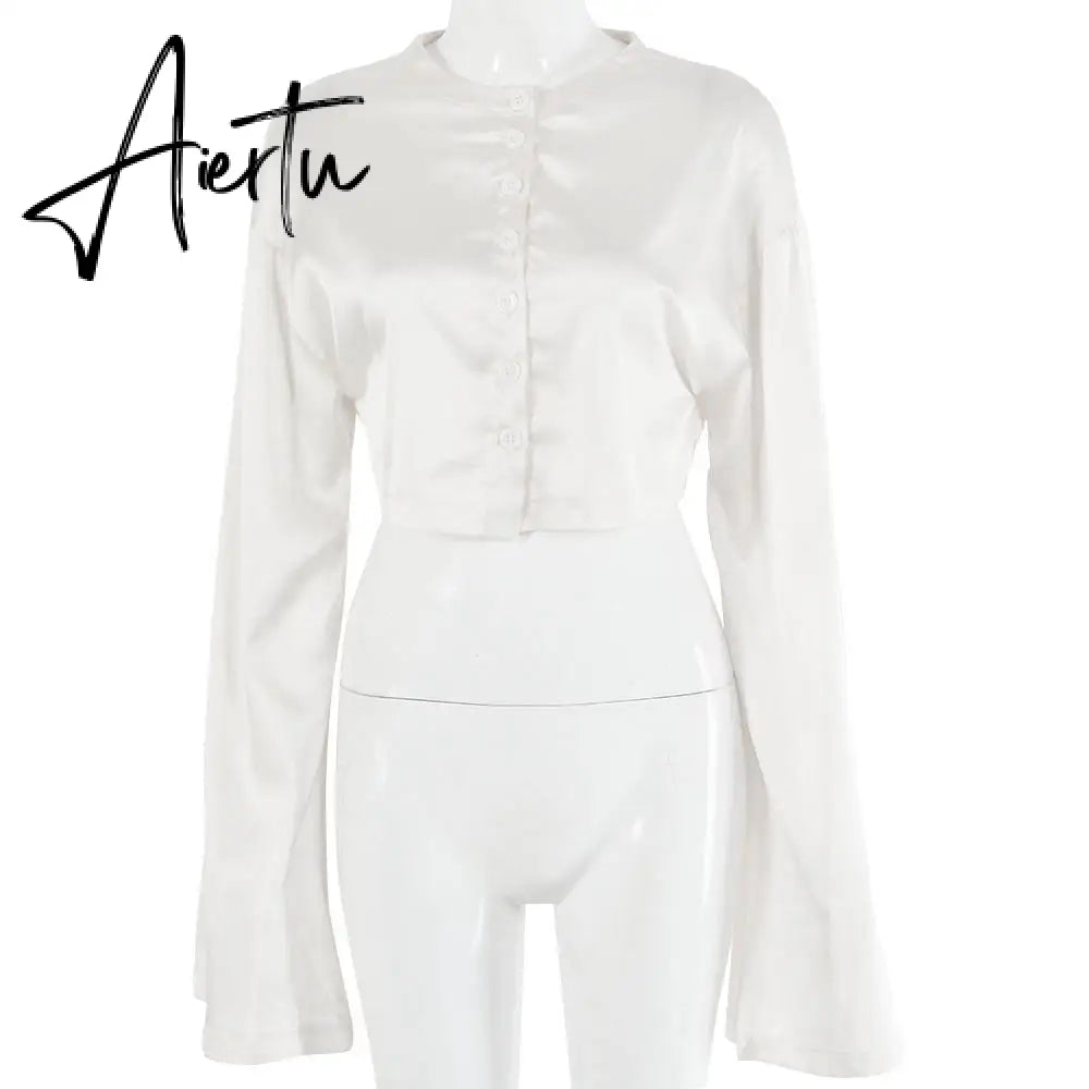 Aiertu  Casual Satin Two Piece Dress Set For Women White O-neck Button Top Bandage Mini Pencil Skirts Outfits Fashion Party Suit Aiertu