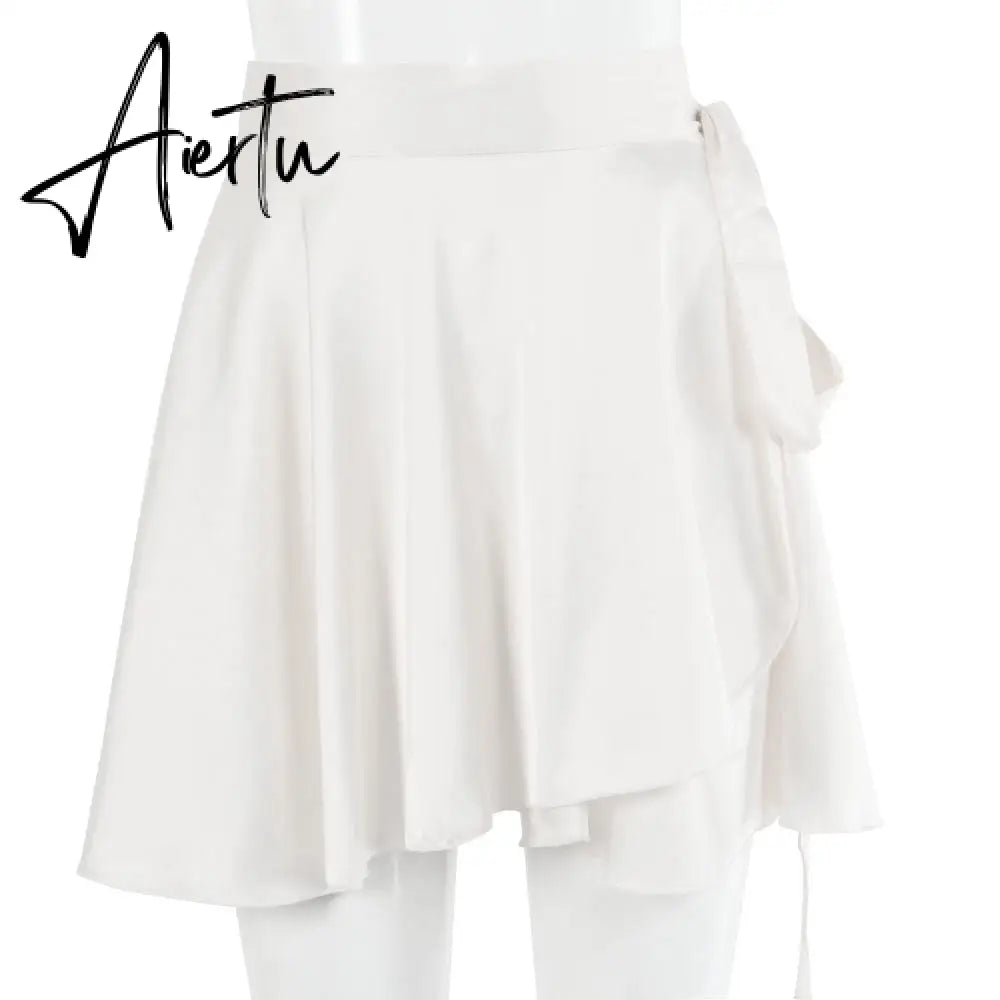Aiertu  Casual Satin Two Piece Dress Set For Women White O-neck Button Top Bandage Mini Pencil Skirts Outfits Fashion Party Suit Aiertu