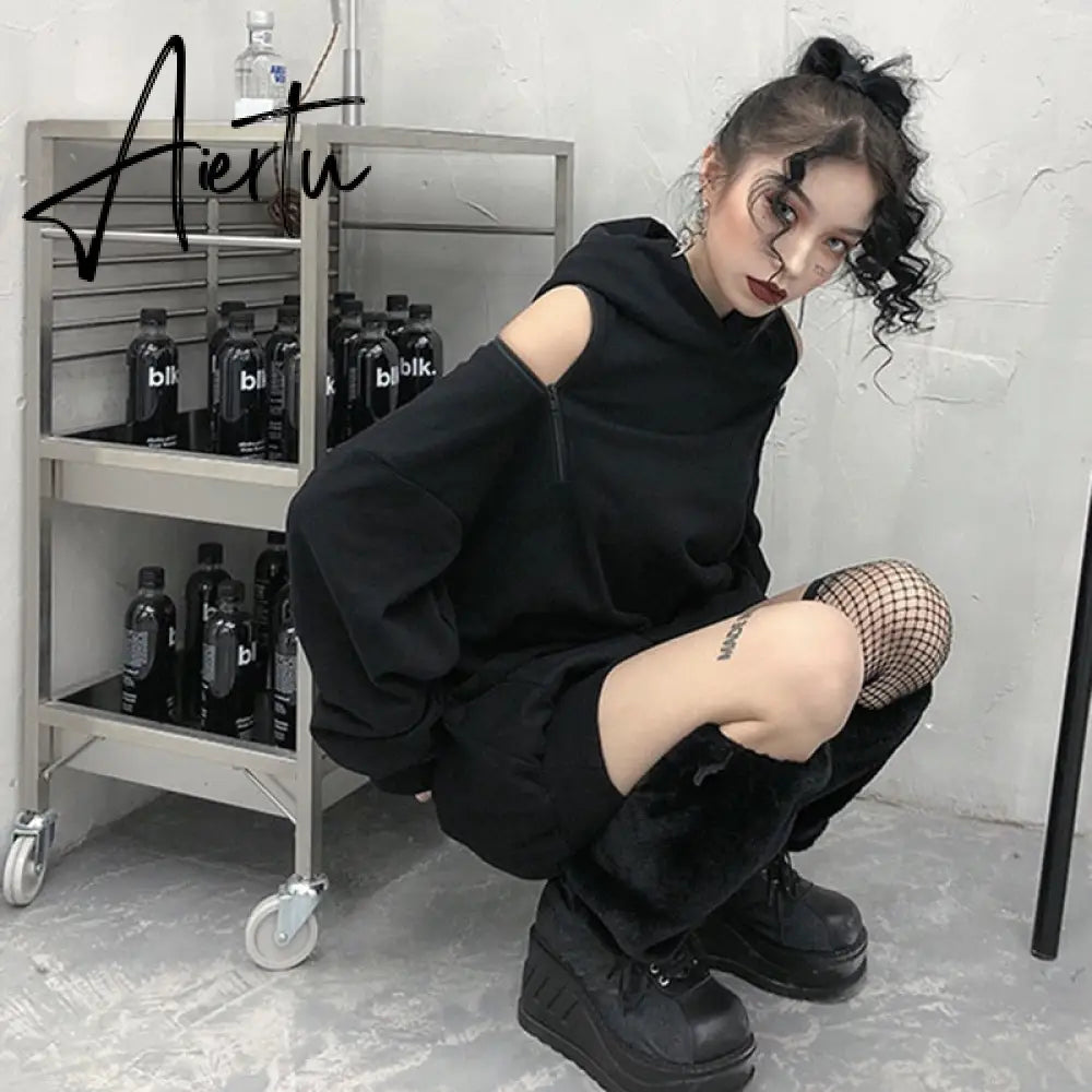 Aiertu  Casual Solid Sweatshirt For Women Hooded Collar Long Sleeve Hollow Out Minimalist Sweatshirts Female Fashion Fall Aiertu