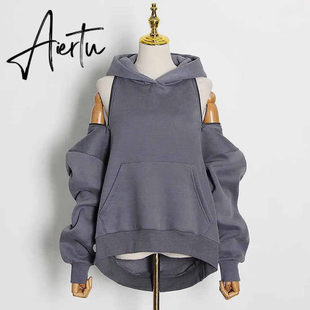 Aiertu  Casual Solid Sweatshirt For Women Hooded Collar Long Sleeve Hollow Out Minimalist Sweatshirts Female Fashion Fall Aiertu