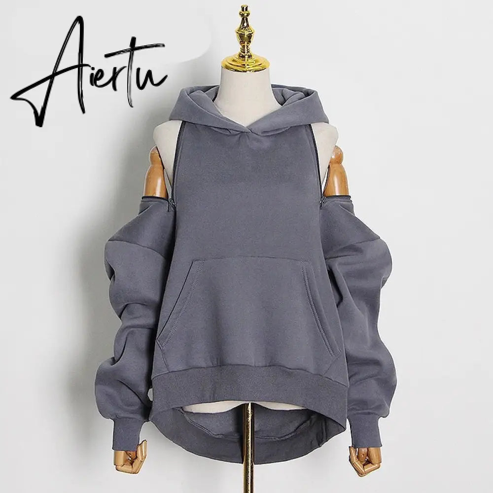 Aiertu  Casual Solid Sweatshirt For Women Hooded Collar Long Sleeve Hollow Out Minimalist Sweatshirts Female Fashion Fall Aiertu