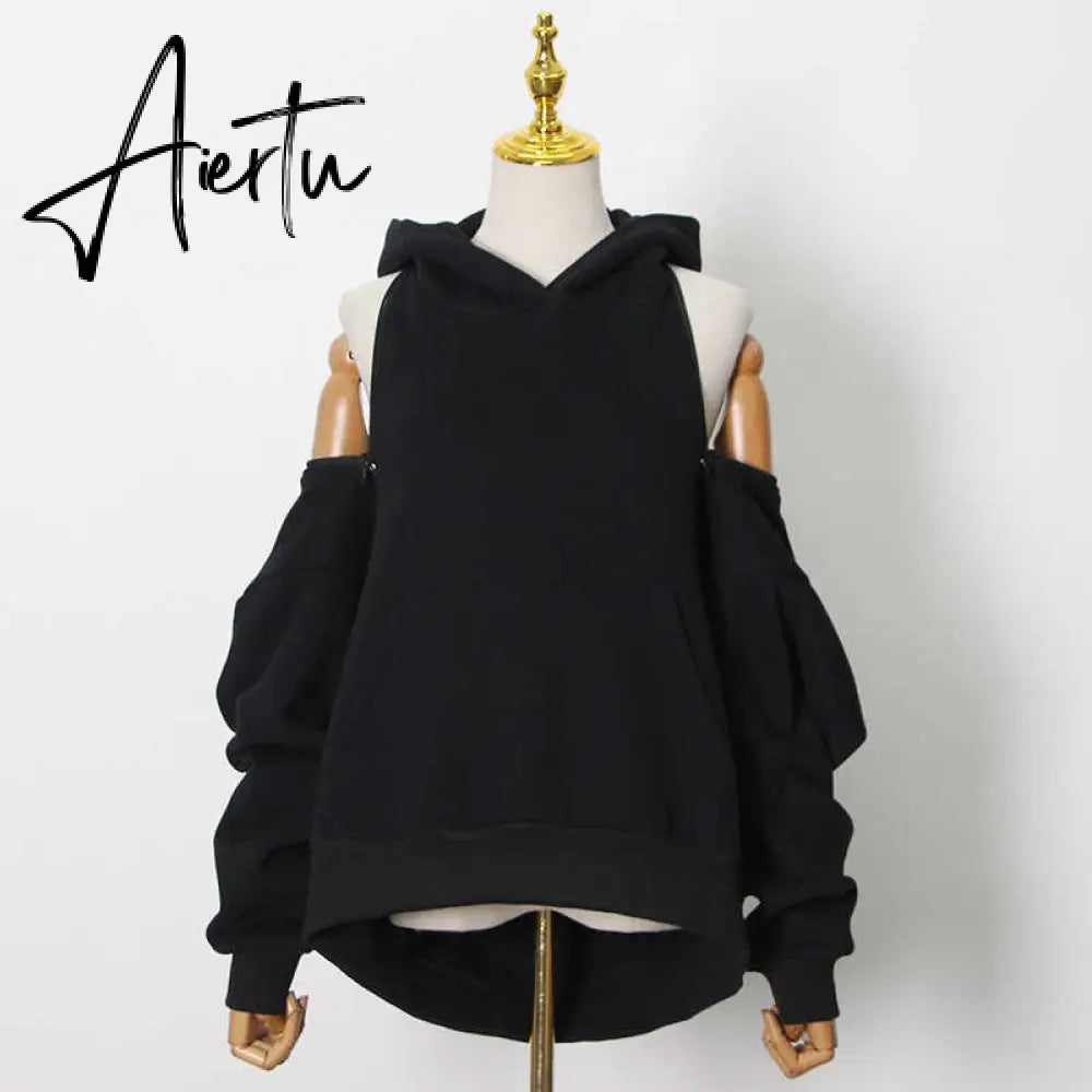 Aiertu  Casual Solid Sweatshirt For Women Hooded Collar Long Sleeve Hollow Out Minimalist Sweatshirts Female Fashion Fall Aiertu
