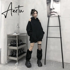Aiertu  Casual Solid Sweatshirt For Women Hooded Collar Long Sleeve Hollow Out Minimalist Sweatshirts Female Fashion Fall Aiertu
