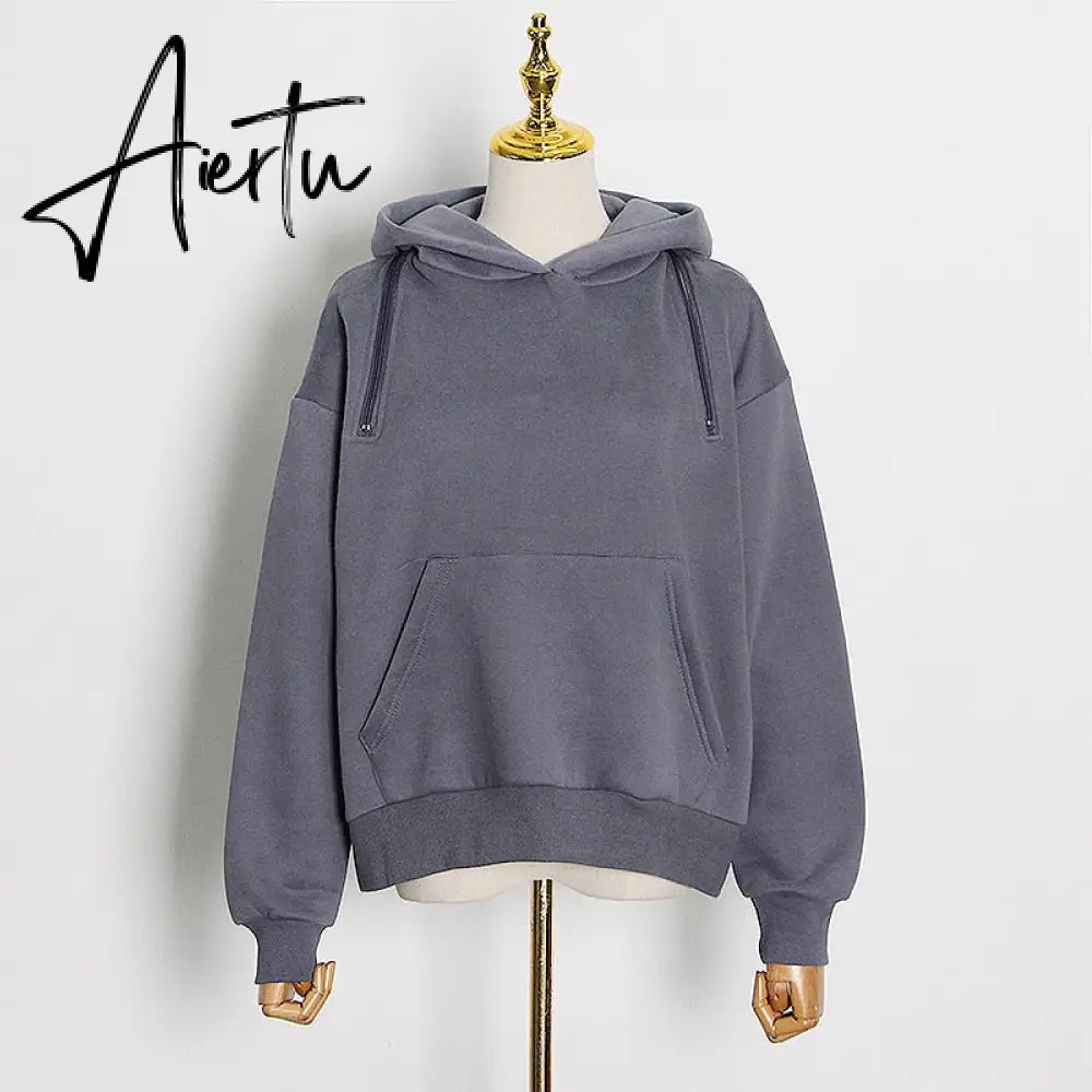 Aiertu  Casual Solid Sweatshirt For Women Hooded Collar Long Sleeve Hollow Out Minimalist Sweatshirts Female Fashion Fall Aiertu