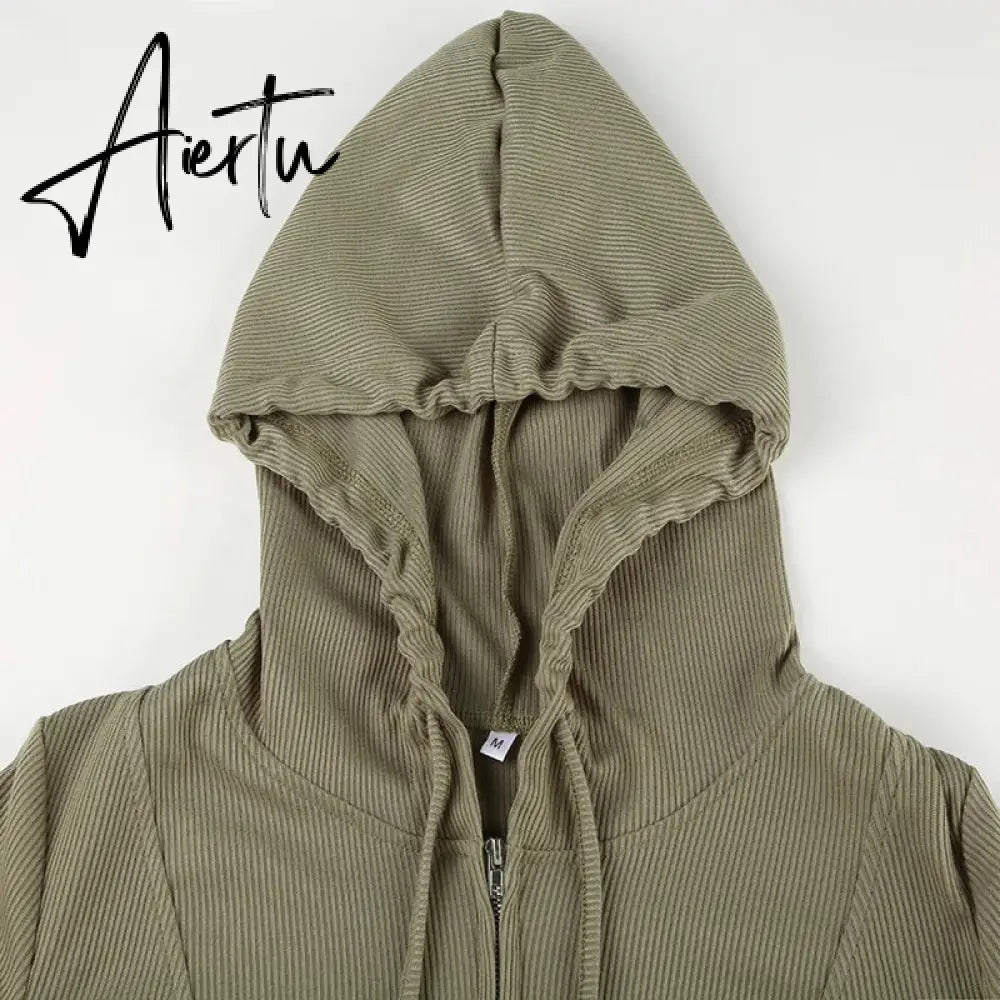 Aiertu  Casual Streetwear Hooded Split Jackets Basic Solid Slim Zipper Long Sleeve Coats Women  Autumn Winter Fashion Lady Aiertu