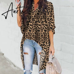 Aiertu Casual V-Neck Fashion Women Blouses Leopard Print Irregular Womens Tops And Blouses Half Sleeve Chiffon Vintage Ladies Tops Aiertu