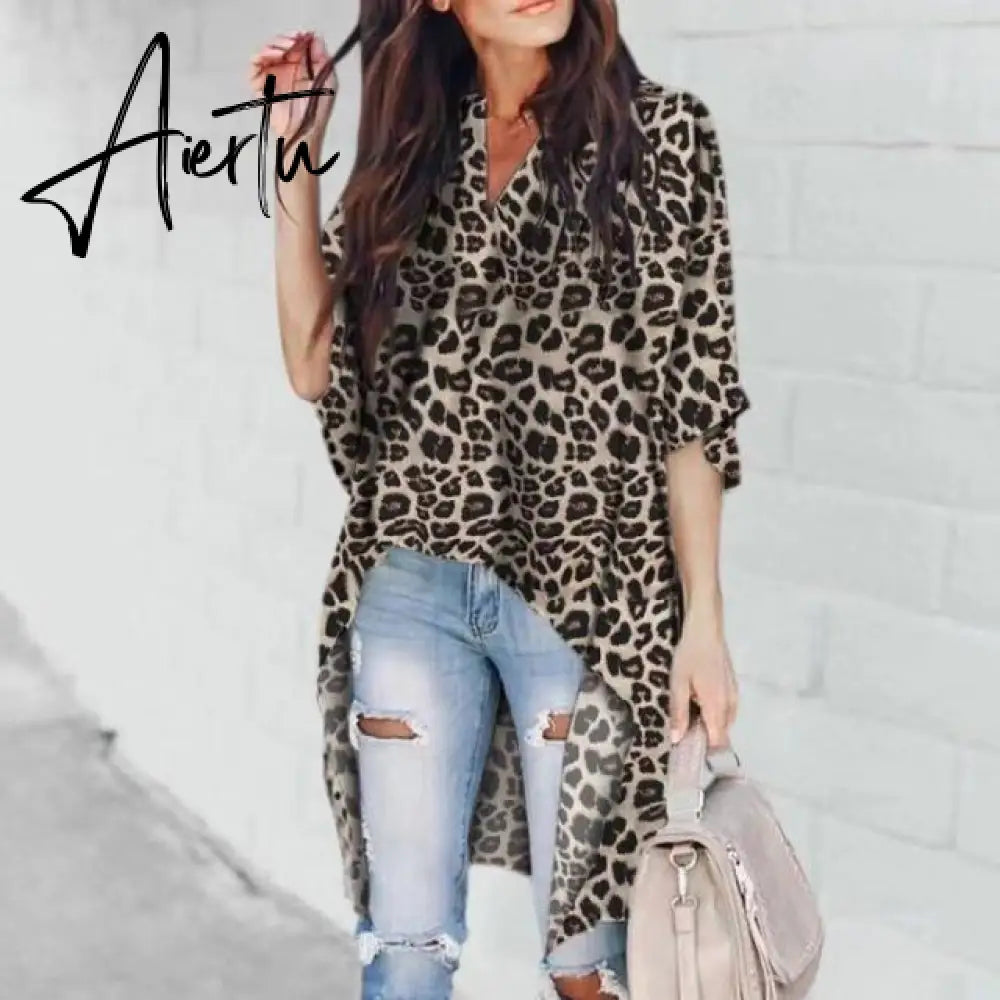Aiertu Casual V-Neck Fashion Women Blouses Leopard Print Irregular Womens Tops And Blouses Half Sleeve Chiffon Vintage Ladies Tops Aiertu