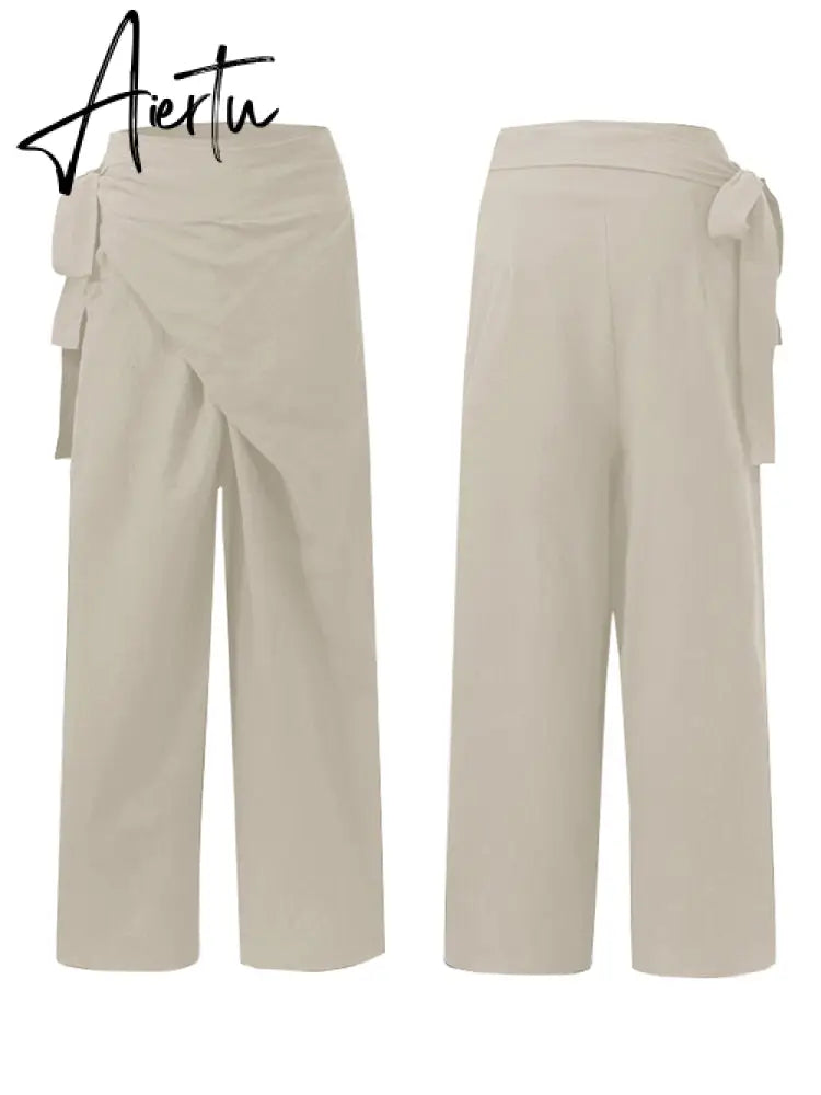 Aiertu Celmia Summer Breathable Cotton Long Pants Women Casual High Waist Lightweight Trouser Fashion Solid Wide Leg Pantalon Aiertu