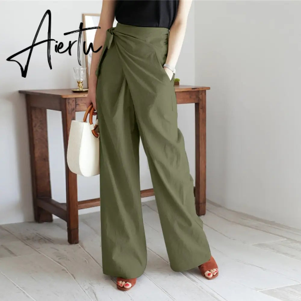 Aiertu Celmia Summer Breathable Cotton Long Pants Women Casual High Waist Lightweight Trouser Fashion Solid Wide Leg Pantalon Aiertu
