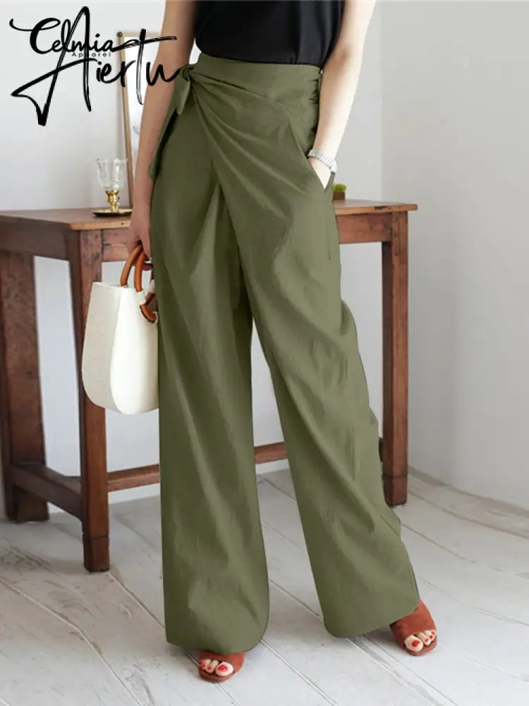 Aiertu Celmia Summer Breathable Cotton Long Pants Women Casual High Waist Lightweight Trouser Fashion Solid Wide Leg Pantalon Aiertu