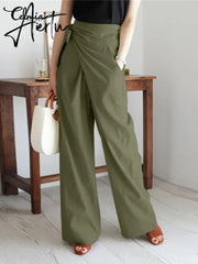 Aiertu Celmia Summer Breathable Cotton Long Pants Women Casual High Waist Lightweight Trouser Fashion Solid Wide Leg Pantalon Aiertu